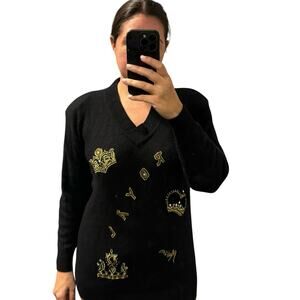 Vintage Black Pullover V Neck Tunic Sweater Angora Lambswool Med Black Gold 80s